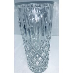 Vintage Diamond Cut Glass Cylinder Vase Faceted Knapped Rim 10" Tall X 4" EUC